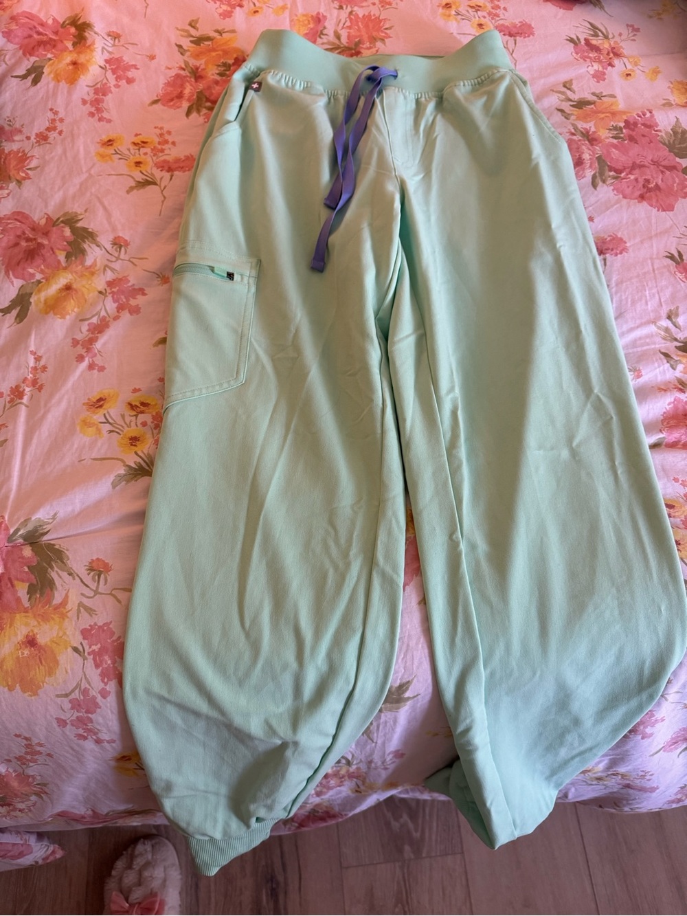 Figs Zamora Green Women's Jogger Pants with Purple Drawstring